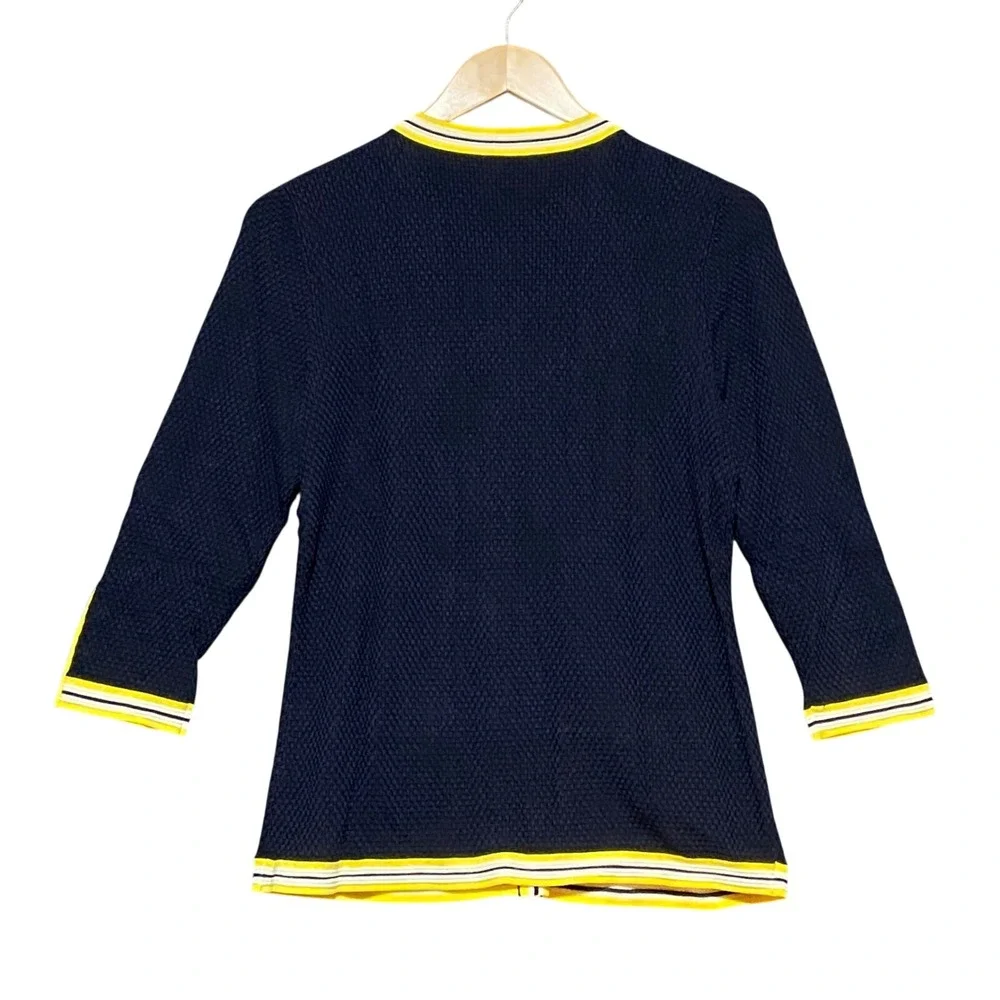 Talbots Women's Navy Blue Textured Knit Cardigan Gold Button Striped Trim Size M